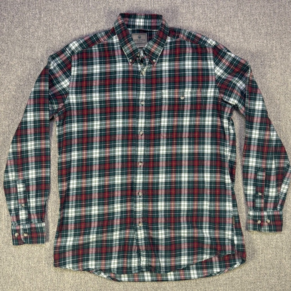 Beretta Plaid Flannel Shirt Mens Medium Green Burgundy‎ Button Down Cotton